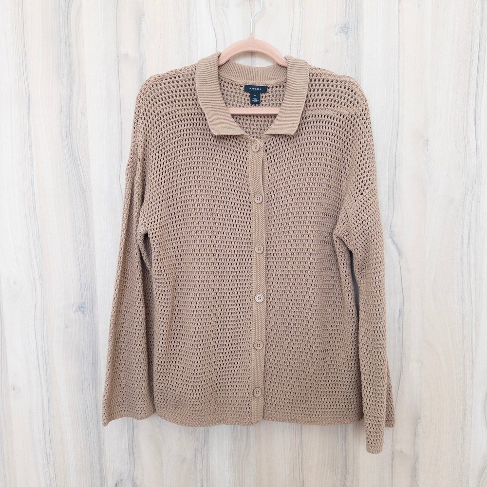 Halogen‎ Womens Open Knit Cardigan Size M Tan Polo Collar Preppy Minimal Coastal